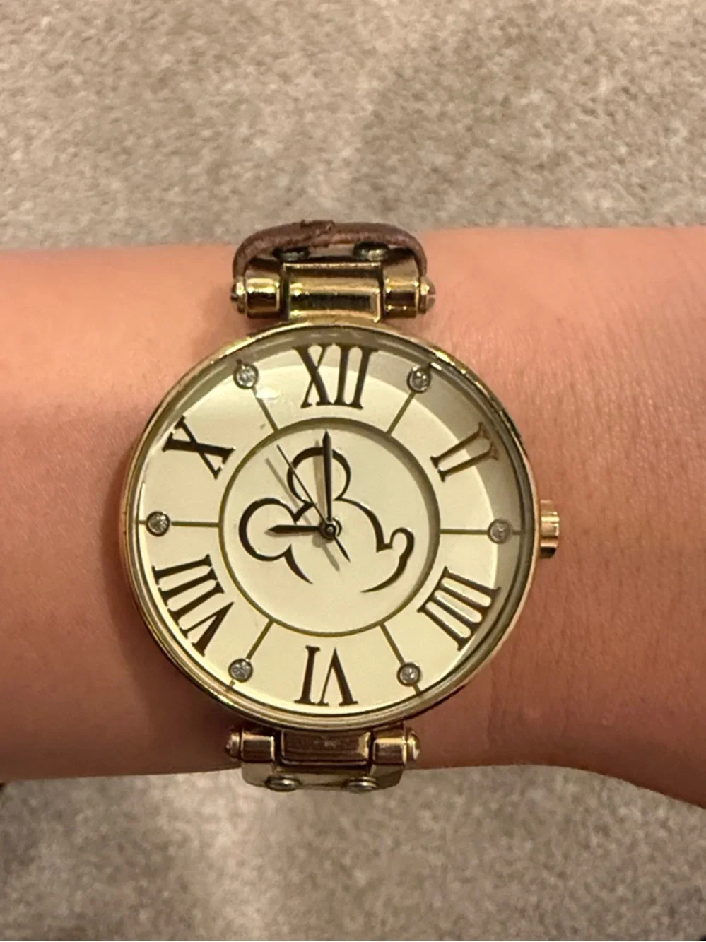 Disney Gold Tone Mickey Silhouette Leather Strap Watch